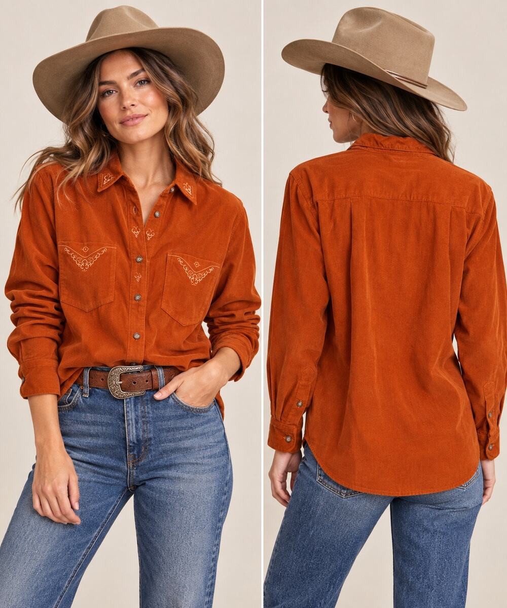 Vintage 90s Western Corduroy Shirt S Burnt Orange Embroidered Cowboy Eddie Bauer